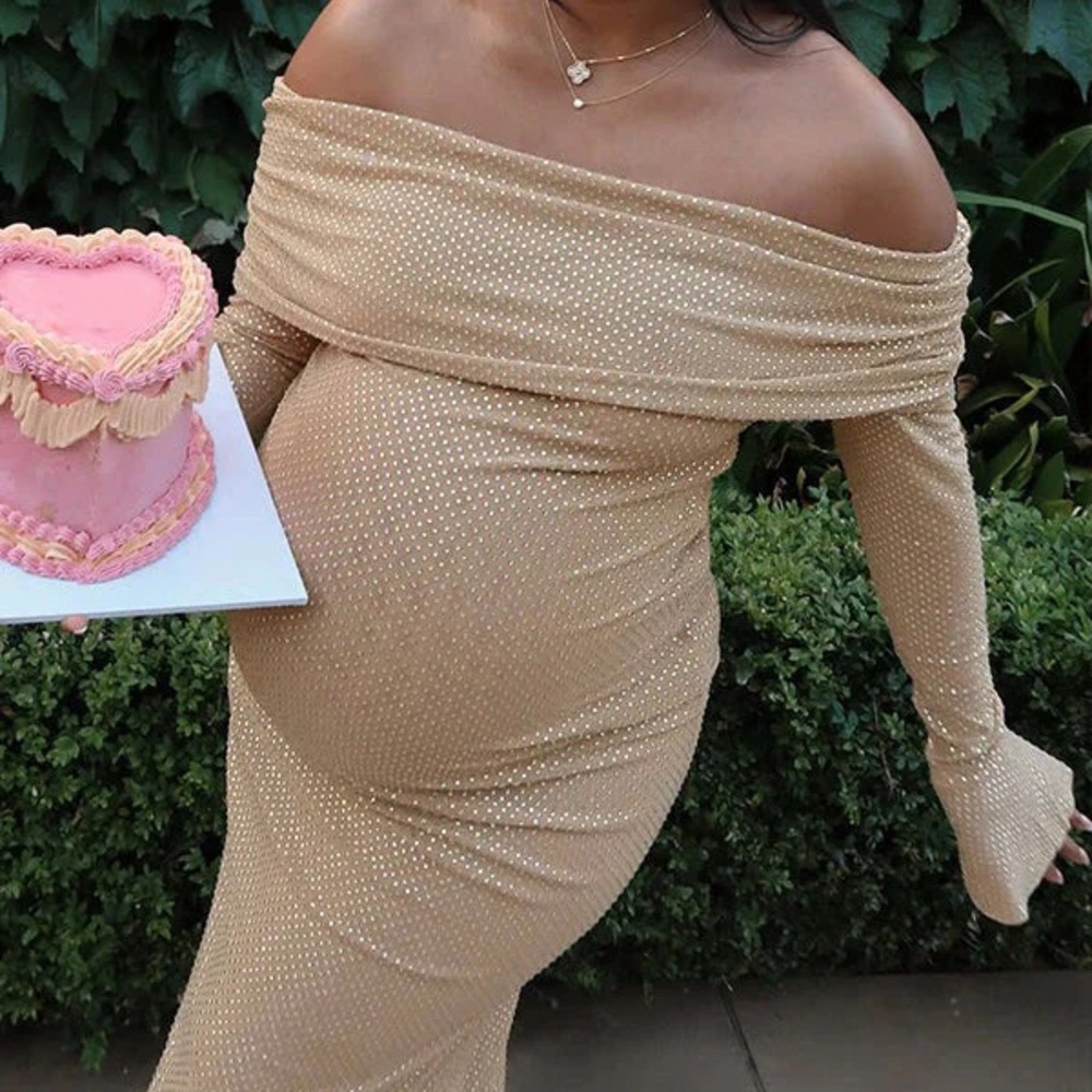 Elegant Off-Shoulder Gold Dress- Maternity